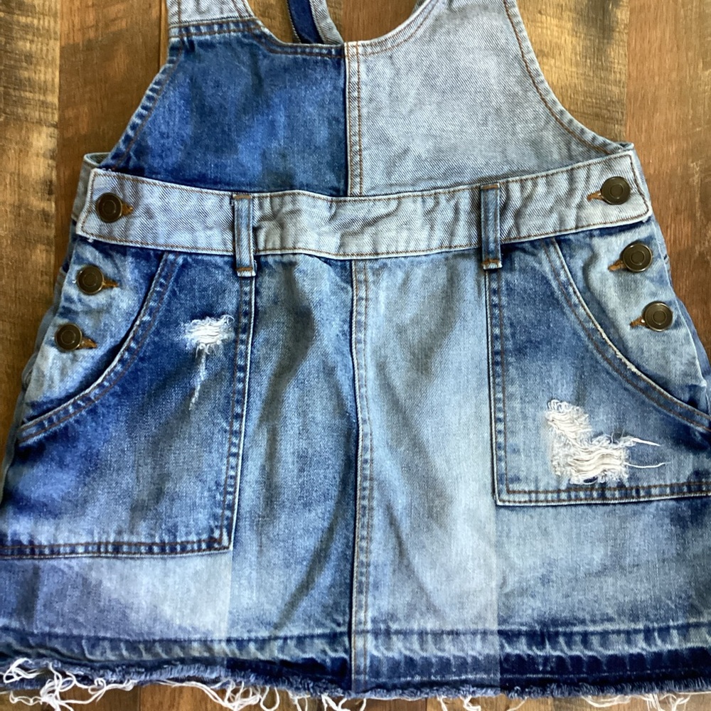 Free People Boho Patchwork Blues Denim Overall Skirt Dress Jumper Sz 4 - Picture 6 of 9